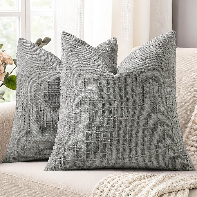 decorUhome Neutral Grey Chenille Throw Pillow Covers 22x22 Set of 2 Thick Textured Slubby Couch Pillow Covers Farmhouse Accent Modern Neutral Decorative Pillow Cases for Bed Sofa Living Room