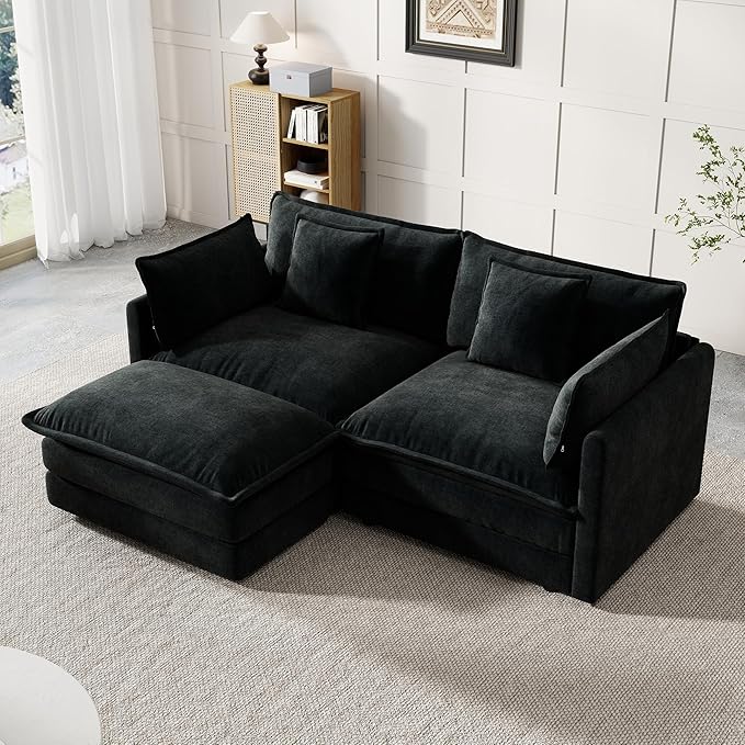 Modular Sectional Sofa, 76.7 Inch L-Shaped Cloud Sofa with Deep Seat Comfortable Chenille Sofa with Cushion Double Sectional Sofa for Living Room Apartment,Black