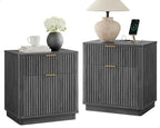 T4TREAM 23'' Fluted Nightstand Set of 2 with Charging Station, Large 2 Drawer Side Table, Modern End Table with Storage, Mid Century Bedside Table for Bedroom, Living Room, Curved Profile, Dark Alder