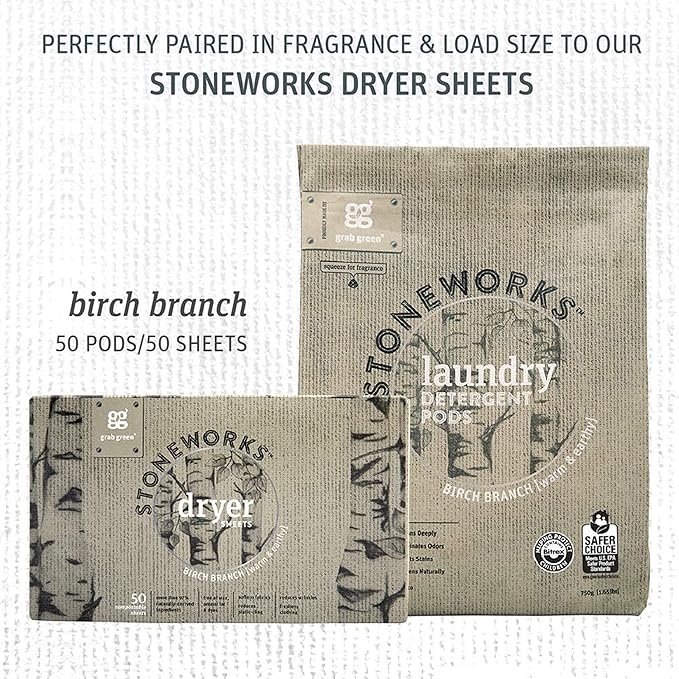 Grab Green Stoneworks Laundry Detergent Pods, Powered by Naturally Derived Plant & Mineral-Based Powder Pods, Birch Branch, 50 Loads (Pack of 1) - EPA Safer Choice Certified