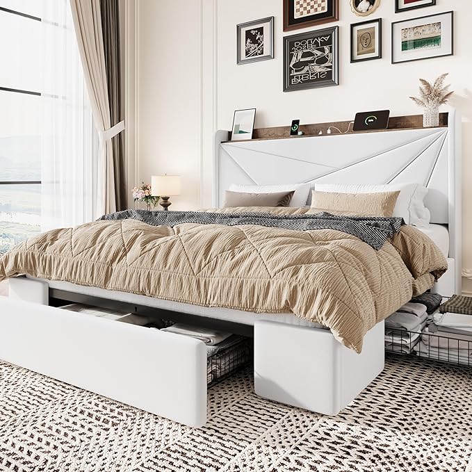 SHA CERLIN Queen Bed Frame with 3 Drawers, USB & Type-C Charging Ports, Velvet Upholstered Platform Bed with Modern Geometric Wingback Storage Headboard, No Box Spring Needed, Easy Assembly, White