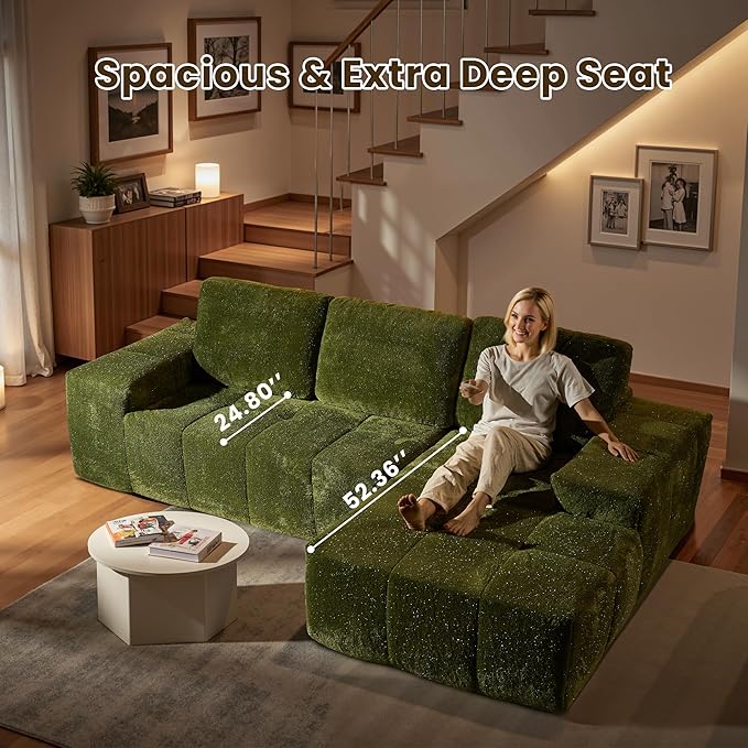 114" Glitter Cloud Sectional Couch with L-Shape Chaise, Modern Boneless Couches for Living Room Christmas Party, Fluffy Tufted Deep Seat Modular Sofa in a Box No Assembly