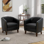 Pia Ricco Faux Leather Barrel Accent Chairs Set of 4, Modern Club Arm Chair Comfy Upholstered Single Sofa Chair with Solid Wood Legs and Nailhead Trim for Living Room/Reading Room, Black