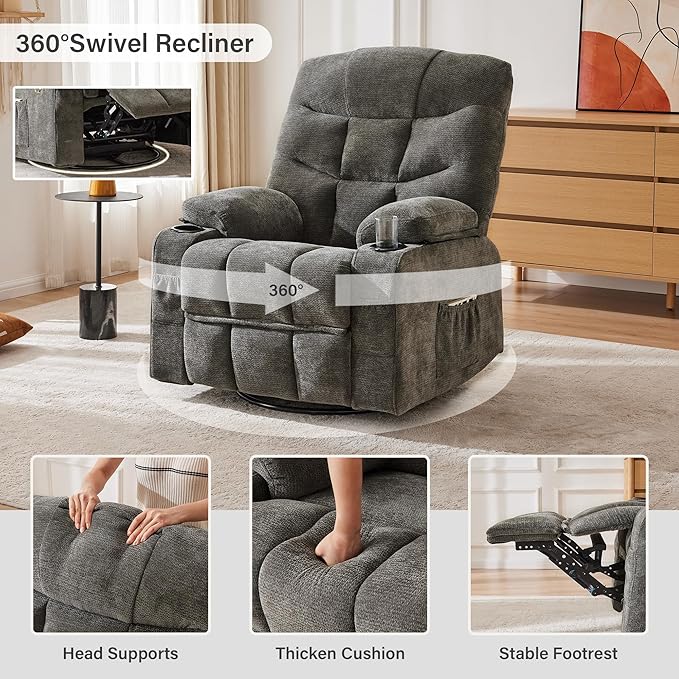 Manual 360°Swivel Rocker Recliner Chair,Single Recliner Seat with Cup Holders,Recliner Chairs for Adults, Upholstered Fabric Lazy Boy Recliner for Bedroom,Living Room,Dark Grey
