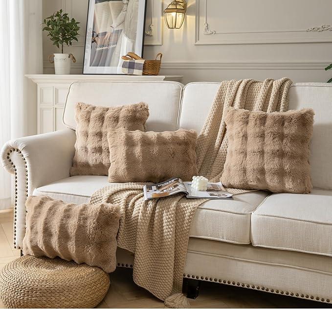 Pack of 2 Thick Plush Throw Pillow Covers Fluffy Wave Faux Fur Decorative Cushion Covers Soft Wool Pillowcase for Sofa Couch Livingroom 16x16 Inch Camel