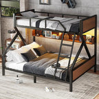 Bellemave Twin XL Over Queen Bunk Bed with Storage Shelf and RGB LED Lights, Adults Bunk Bed with Angle Padded Ladder, Heavy Duty Bunk Beds with Noise-Reducing Rubber Stoppers, Black