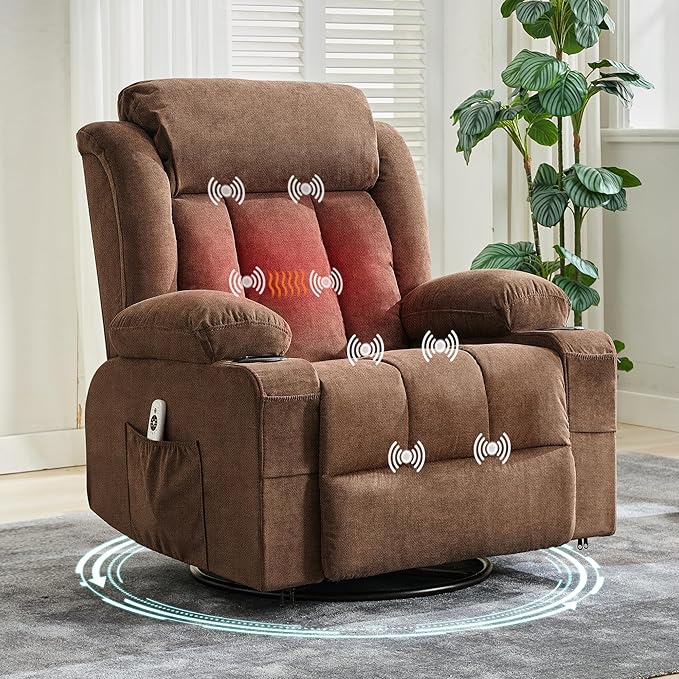 Power 360° Swivel Rocker Recliner with Heat and Massage Oversized Electric Rocking Chair for Big and Tall People with 2 Cup Holders Side Pockets Remote Control USB Charging Port, Brown