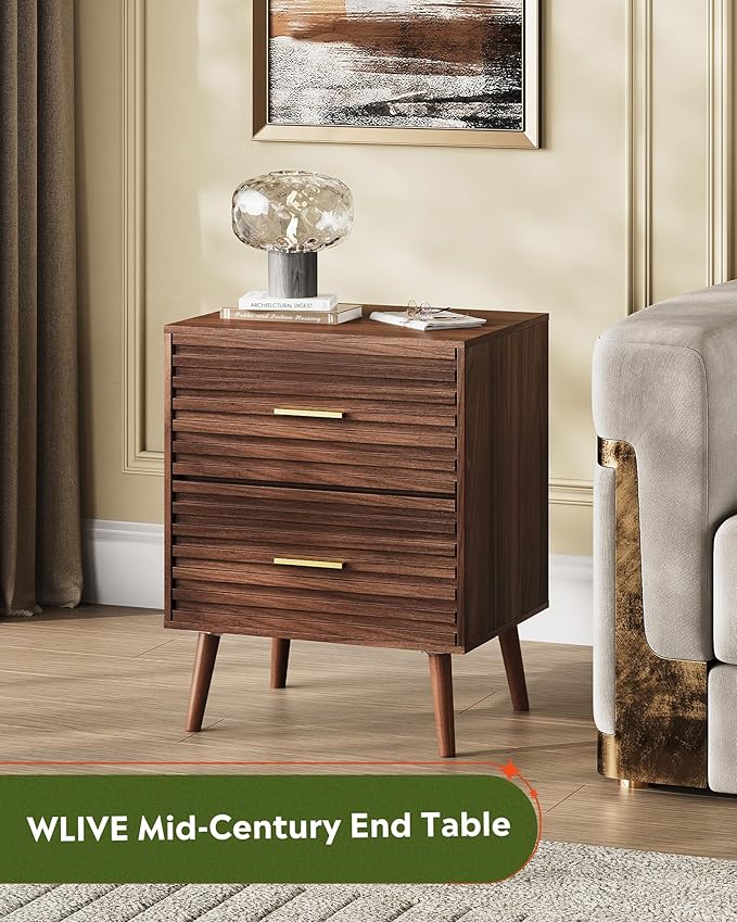 WLIVE Wood Night Stand Set of 2 with 2 Drawers, Mid Century Modern Nightstand Sets, Fluted Bed Side Tables for Bedroom, Dorm, Living Room End Table