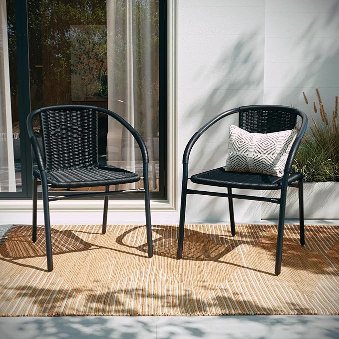 EMMA + OLIVER Set of 2 Modern Rattan Indoor/Outdoor Stack Chairs, Stacking Rattan Patio Chairs with Curved Back and Cross Bracing, Black