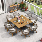 PURPLE LEAF Outdoor Dining Set for 8 All-Weather Aluminum 9 Piece Furniture Sets with Woodgrain Large Square Table and Rope Weave Chairs Included Cushions for Backyard Indoor Patio Set Teak Color