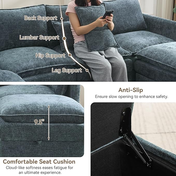 105" Cloud Modular 4 Seater Sofa with 2 Storage Ottoman, Modern Upholstered Sofa Storage Sofa Couch Deep Seat, U Shape Sectional Sofa Chenille Comfy Couch with Armrests for Living Room, Blue