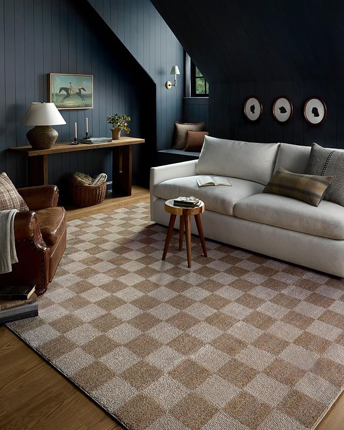 Loloi Chris Loves Julia Calvin Collection CLV-01 Pebble/Ivory 2'-7" x 7'-6" Runner Rug Checkered Neutral Soft Living Room Bedroom Carpet