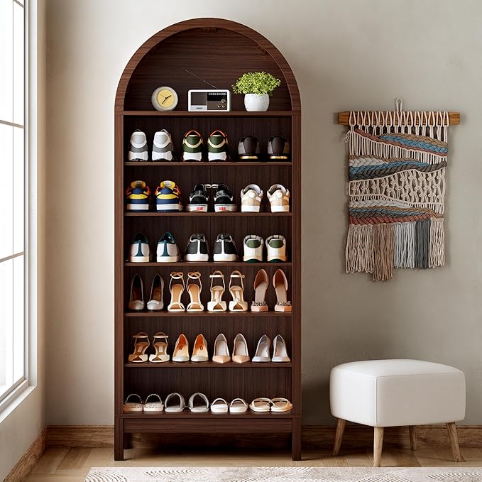 70" Tall Arched Shoe Cabinet, 7-Tier Shoe Rack with 3 Adjustable Shelves, Large Freestanding Shoe Organizer for Entryway, Closet, Hallway, Living Room (Walnut Brown)