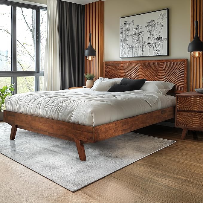 Acacia Harmony King Platform Bed Frame – Solid Rubber Wood, Walnut Finish, Mid-Century Modern Design, Natural Circular Wood Grain, 800lbs Support, No Box Spring Required, Easy Assembly