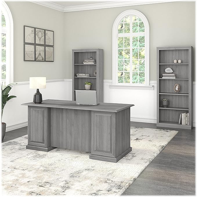 Bush Furniture Saratoga Executive Desk and Bookcase Set in Modern Gray