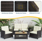 Wisteria Lane 4 Piece Patio Furniture Set, Wicker Outdoor Patio Conversation Furniture Set, All Weather Outdoor Patio Sofa with Cushion and Glass Table, Beige