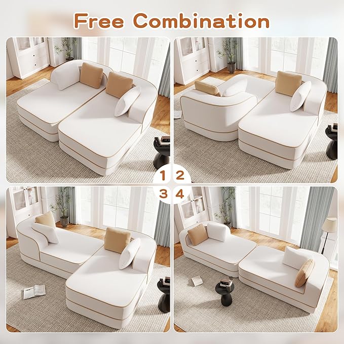 Cloud Sectional Sofa Modern Boneless Couch for Living Room, Comfy Deep Seat Comfy Teddy Fabric Double Sofa Chaise No Assembly Required (White, 77.2" Double Chaise Lounge)