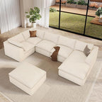 Vesgantti 141.7" Oversized Sectional Boneless Couch, 7 Seater Modular Sofa with Chaise & Ottoman & Armrest, Deep Seat Plush Corduroy Cloud Couches for Living Room, No Assembly Required, Beige