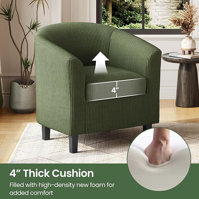 Yaheetech Corduroy Barrel Chairs Set of 2, Upholstered Club Chairs, Round Armchairs Waiting Room Chairs with Soft Cushion for Living Room Bedroom Reading Room, Dark Green