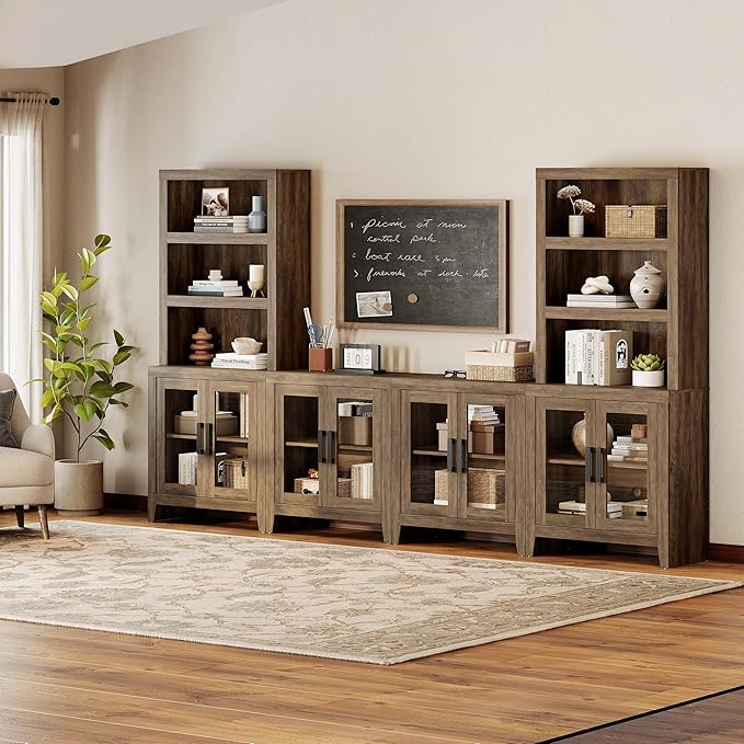 WAMPAT Farmhouse Entertainment Center with Bookshelves, 4-Piece Modular TV Stand with Storage Towers, Glass Doors, Open Shelves, Media Console for Living Room, Home Theater, Brown