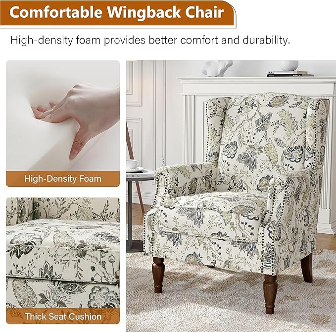 Floral Wingback Accent Chair, High Back Upholstered Armchair, Comfy Fabric Wingback Arms Chairs with Retro Solid Wood Legs, Single Sofa Reading Chair for Bedroom Living Room, Plants Beige