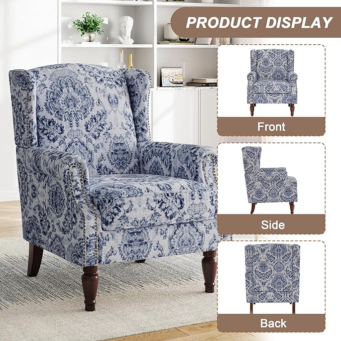 Pia Ricco High Back Floral Accent Chair - Retro Wingback Upholstered Armchair with Nailhead Trim, Solid Wood Legs, Fabric Living Room Bedroom Reading Chair (Flower Navy)