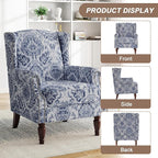 Pia Ricco High Back Floral Accent Chair - Retro Wingback Upholstered Armchair with Nailhead Trim, Solid Wood Legs, Fabric Living Room Bedroom Reading Chair (Flower Navy)