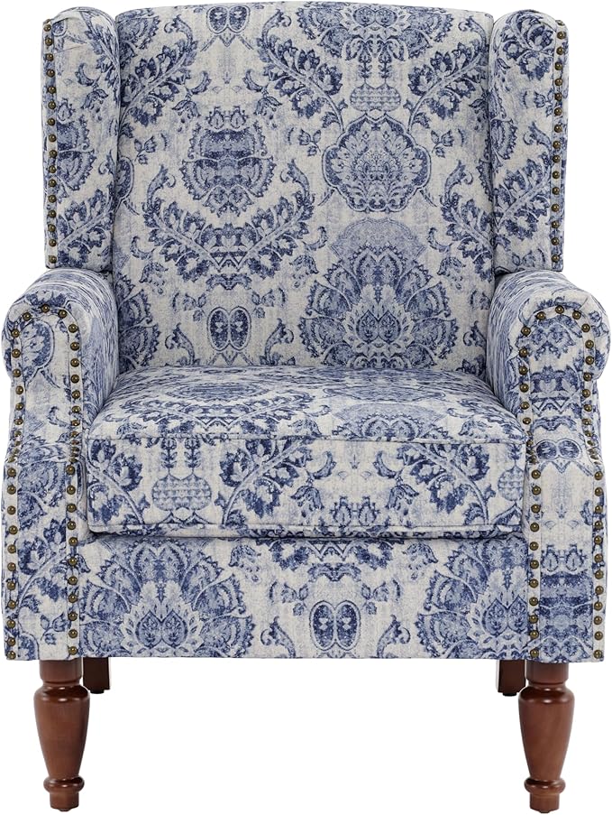 Pia Ricco High Back Floral Accent Chair - Retro Wingback Upholstered Armchair with Nailhead Trim, Solid Wood Legs, Fabric Living Room Bedroom Reading Chair (Flower Navy)