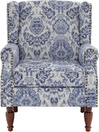 Pia Ricco High Back Floral Accent Chair - Retro Wingback Upholstered Armchair with Nailhead Trim, Solid Wood Legs, Fabric Living Room Bedroom Reading Chair (Flower Navy)