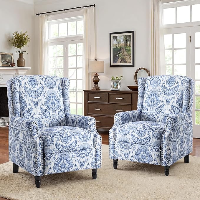 Recliner Chair, Upholstered Wingback Floral Pushback Armchair with Adjustable Backrest & Footrest, Comfy Accent Chair Reading Single Sofa for Small Spaces, Living Room, Bedroom (Navy Blue, Set of 1)