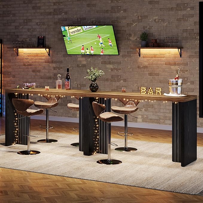 Tribesigns Home Bar Unit, 55.12-Inch Bar Table with a Spacious Tabletop, Modern Freestanding Mini Bar for Home Kitchen, Living Room, Balcony, Basement, Brown & Black (Set of 2)