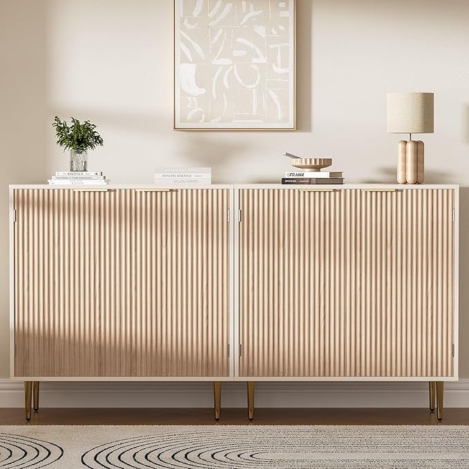 Buffet Sideboard Cabinet [Set of 2], Kitchen Cabinet with Golden Handles & Legs, Modern Accent Storage Cabinet with Adjustable Shelf, Coffee Bar for Kitchen, Dining Room, Oak