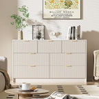 Beige Dresser for Bedroom, Modern Dresser with 7 Drawers and Smooth Slides, Wide Chest of Drawers with Golden Handles for Bedroom, Living Room, Closet, 15.7" D x 55.1" W x 31.4" H