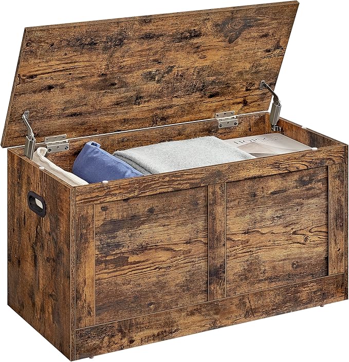 VASAGLE Storage Chest, Storage Trunk with 2 Safety Hinges, Storage Bench, Shoe Bench, Farmhouse Style, 15.7 x 31.5 x 18.3 Inches, for Entryway, Bedroom, Living Room, Rustic Brown ULSB064K01