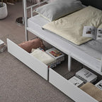 Karl home White Bunk Bed Twin Over Twin with 2 Storage Drawers, Metal Bunk Bed with Built-in Ladder and Safety Guardrail, Space-Saving Twin Bunk Beds for Kids, Teens & Adults, No Box Spring Needed