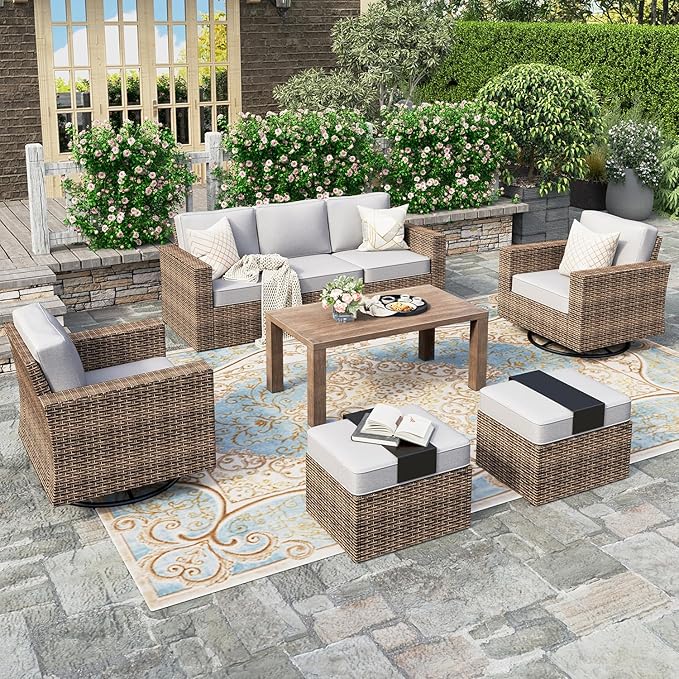 HERA'S HOUSE Swivel Glider Patio Furiture Conversation Set with 4.92" Wide Armrests, Outdoor Wicker Furniture with 5.5" Waterproof Cushions, 6 Pieces Outside Sofa Set for Deck Lawn, Light Grey
