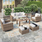 HERA'S HOUSE Swivel Glider Patio Furiture Conversation Set with 4.92" Wide Armrests, Outdoor Wicker Furniture with 5.5" Waterproof Cushions, 6 Pieces Outside Sofa Set for Deck Lawn, Light Grey