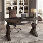 EUREKA ERGONOMIC Leather Standing Desk, 60 inch Executive Desk with Drawers,Modern Oak Grain X-Shaped Leg Sit Stand Desk, Charge Power Outlet Luxury Home Office Computer Desk