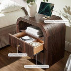 T4TREAM Fluted Nightstand with Charging Station, 24" Large 2 Drawers Bedside Table, Modern End Table with Storage Night Stand for Bedroom, Living Room, Round Curved Corner Design, Dark Walnut