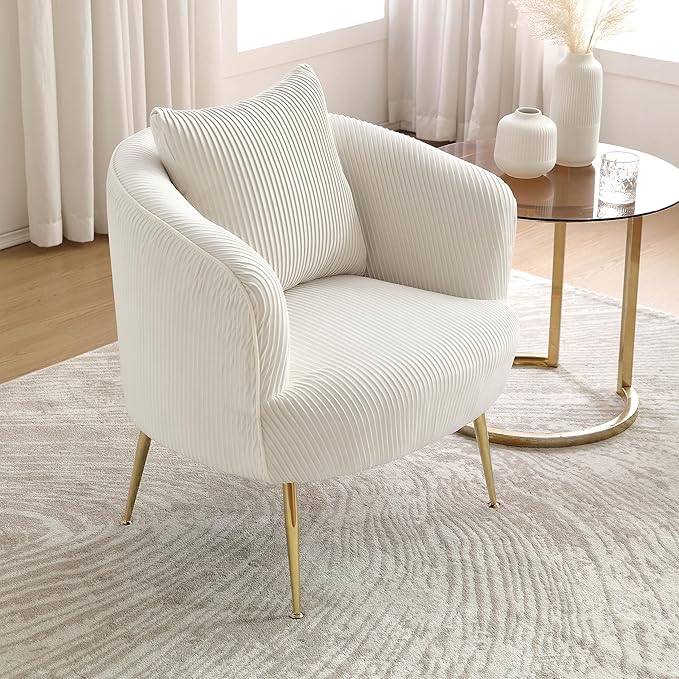 Art Leon Velvet Accent Chair, Upholstered Modern Single Sofa Chair, Comfy Barrel Chair with Golden Metal Legs for Living Room Bedroom, Off White
