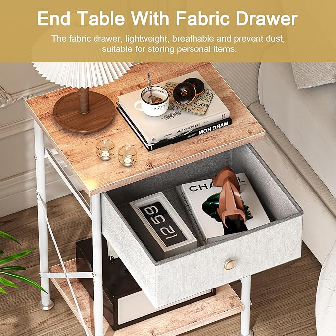 VECELO End Tables, Modern Nightstand with Fabric Drawer & Open Shelf, Night Stand for Bedroom Living Room, Industrial Metal Frame, Easy Assembly, Light Brown,2 Pack