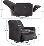 VANOMi Power Swivel Glider Recliner Chair, Electric Nursery Rocker Recliner Chair, USB & Type-C Charger, Charcoal Gray Boucle