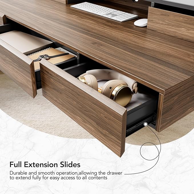 HUANUO Electric Standing Desk with Drawers, 48 Inches Height Adjustable Stand Up Desk with Monitor Shelf, Whole-Piece Board Computer Workstation with 4 Memory Height Settings, Black Walnut