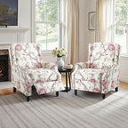 Wingback Recliner Chair Set of 2, Floral Fabric Pushback Recliner Chair, Upholstered Armchair Push Back Recliner, Rivet Trim Single Sofa Accent Chair with Wood Legs for Living Room, Floral Plants