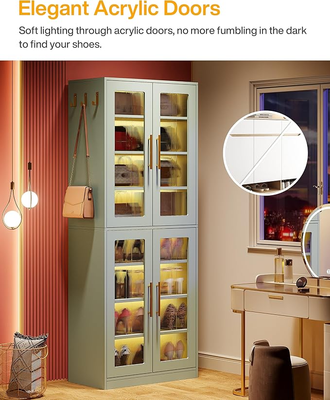Tribesigns Tall Shoe Storage Cabinet with Acrylic Doors and LED Lights, 8-Tier Entryway Shoe Organizer Rack with Adjustable Shelves and Hanging Hooks for Narrow Closet, Hallway, Mint Green