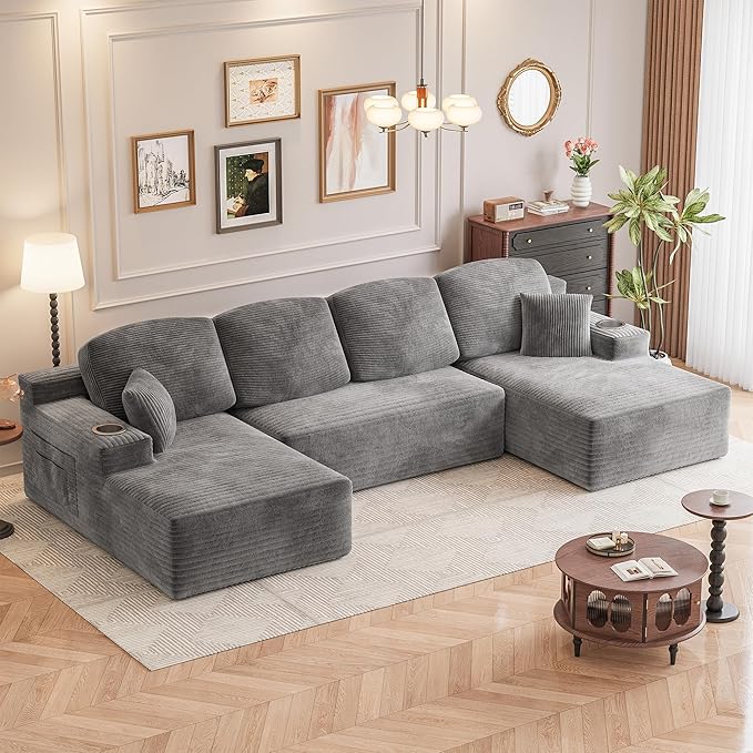 Homall 142" Boneless Couch, Modular Sectional Sofa, No Assembly Required, Memory Foam Filling, Corduroy U-Shaped Sofa, Movable Multi-Person Couch for Living Room (Grey)