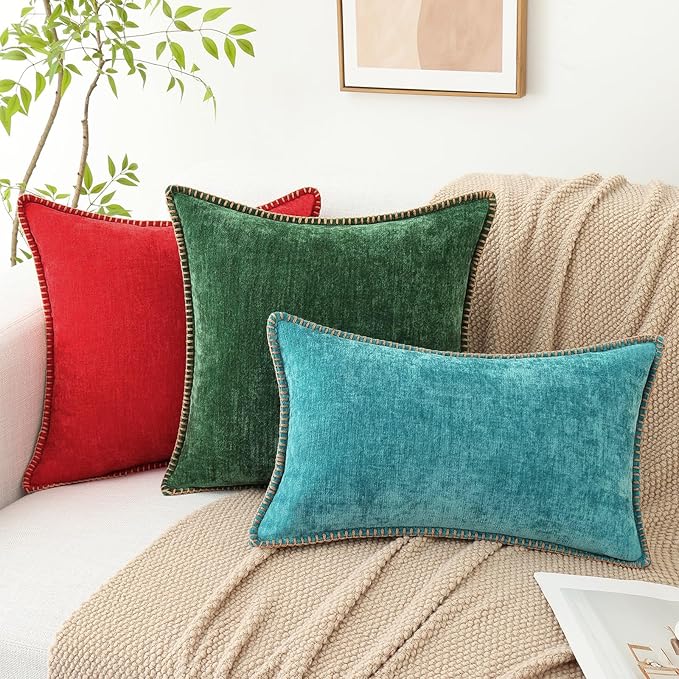decorUhome Chenille Soft Throw Pillow Covers 20x20 Set of 2, Farmhouse Velvet Neutral Decorative Euro Pillow Covers with Stitched Edge for Couch Sofa Bed Home Decor, Turquoise