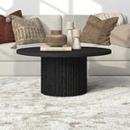 Henn&Hart 32" Fluted Round Wood Pedestal Low-Profile Coffee Table for Living Room, Family Room, Office, or Apartment, Black Grain