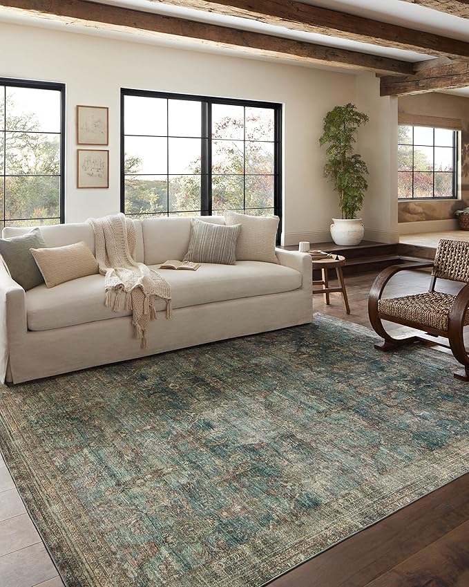 Loloi Magnolia Home by Joanna Gaines Banks Collection BAN-01 Ocean/Spice 7'-6" x 9'-6", .13" Pile Height, Machine Washable, Area Rug