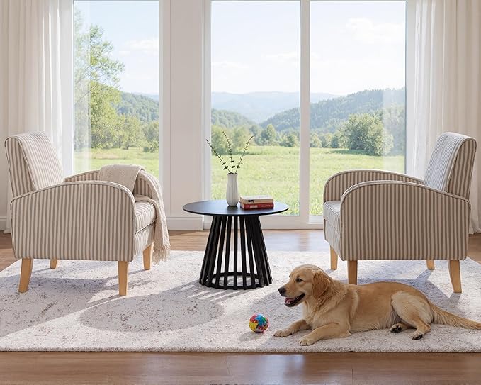 Farmhouse Striped Accent Chairs for Living Room Set of 2, Linen Fabric Modern Comfy Armchairs with Cushion, Upholstered Striped Reading Chairs for Bedroom Couch Chair with Wood Legs, Khaki